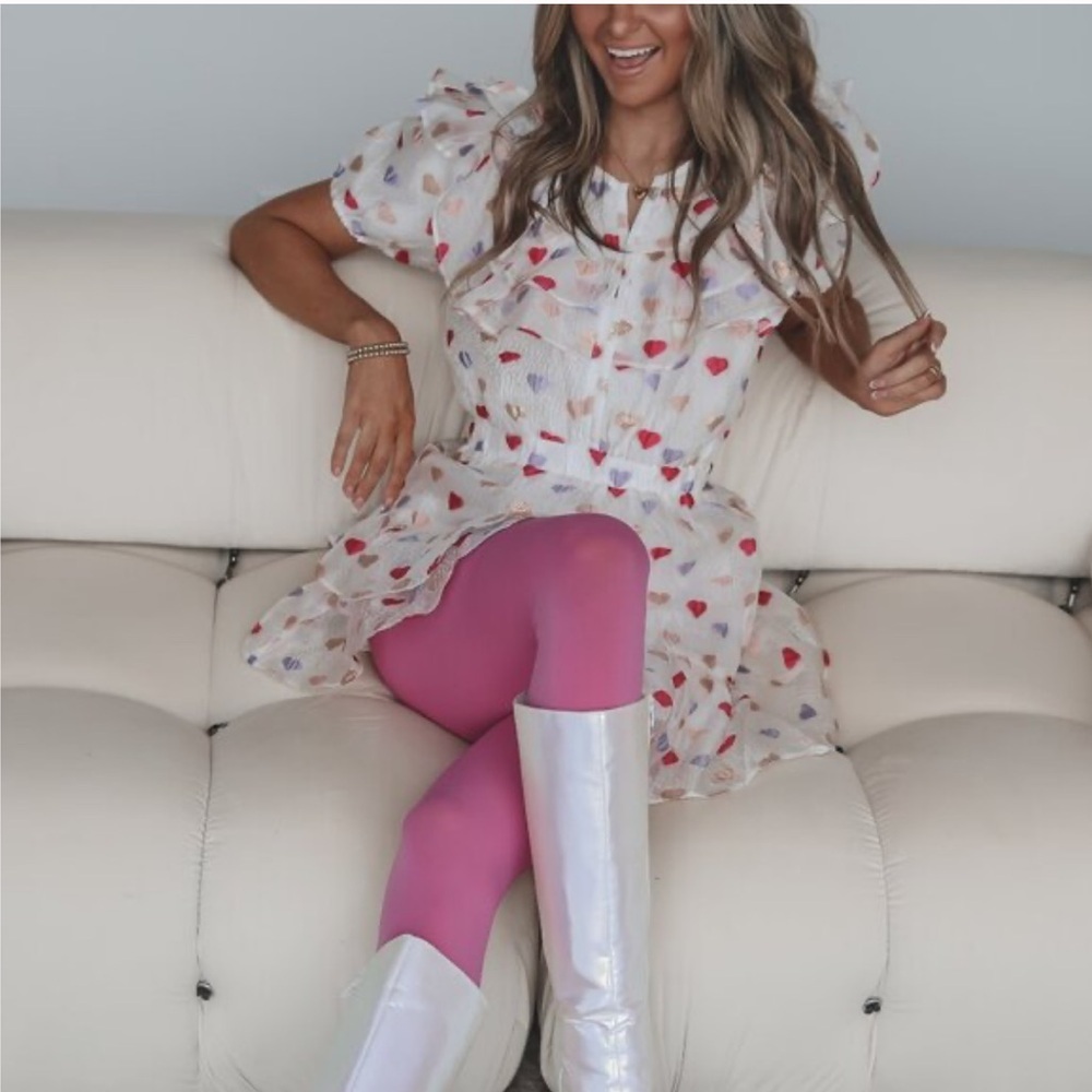 Buddy Love Norma Ruffle Short Dress Kissing Booth Heart Print White Pink - Picture 3 of 15